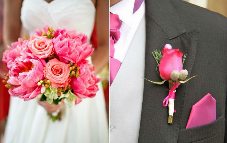 combinação lapela e buquê da noiva
